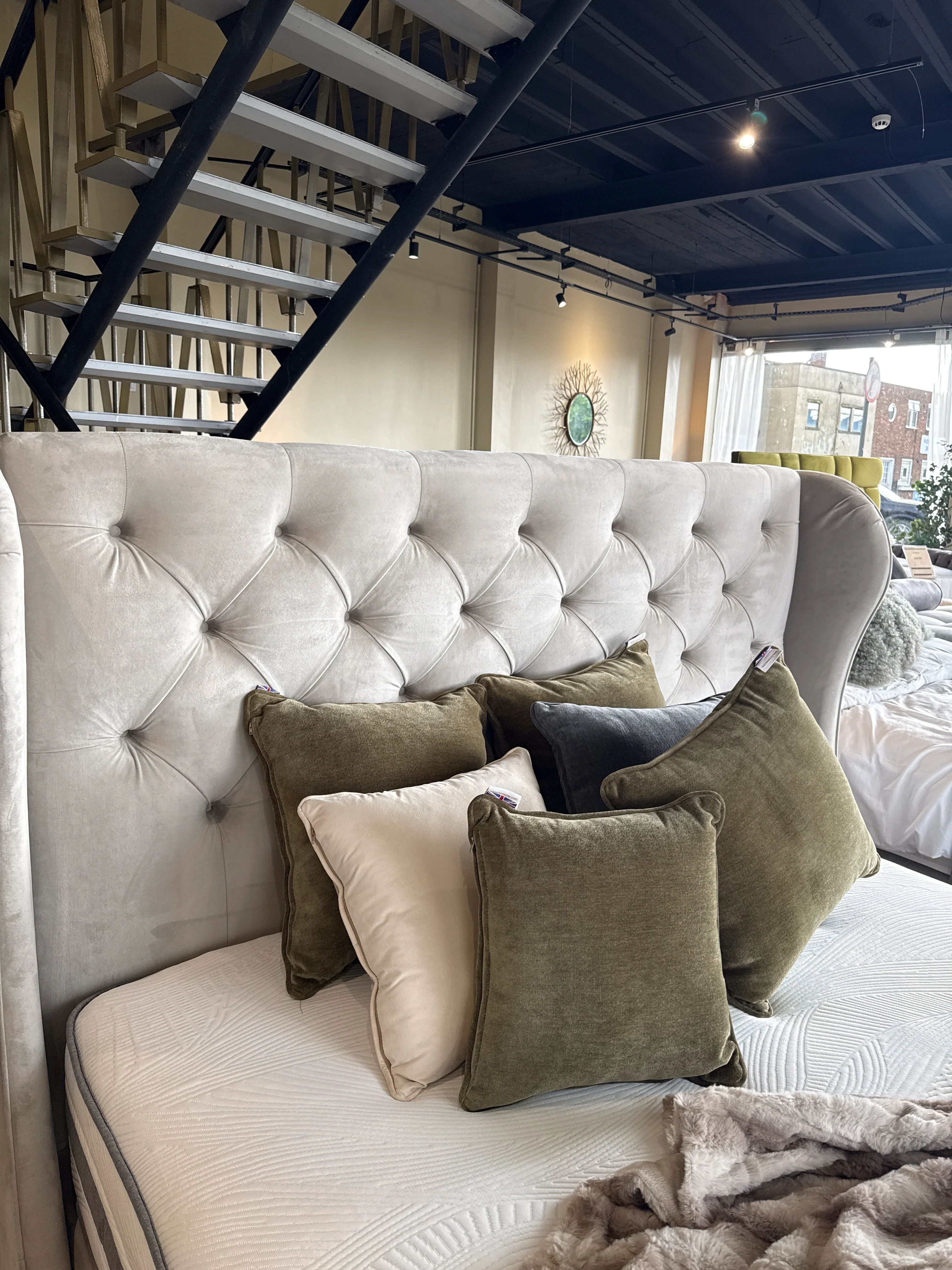 Clearance Bedlington 6’0 Super King Velvet Cream Bedframe Oak Legs - Image 3